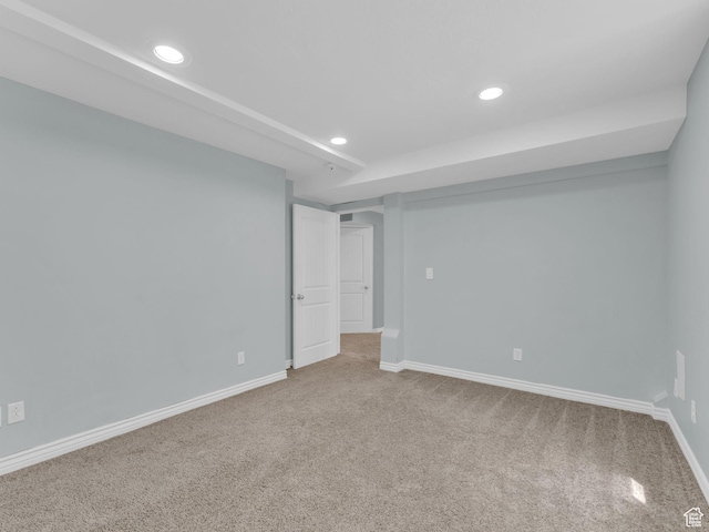 finished basement with recessed lighting, carpet flooring, and baseboards