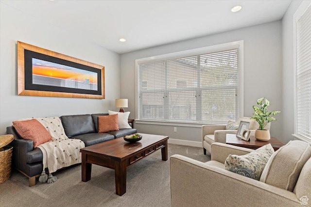 carpeted living room with baseboards and recessed lighting