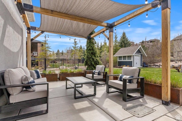 view of patio with an outdoor hangout area, a shed, and an outbuilding