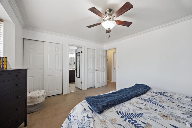 bedroom with connected bathroom, ceiling fan, light colored carpet, ornamental molding, and a closet