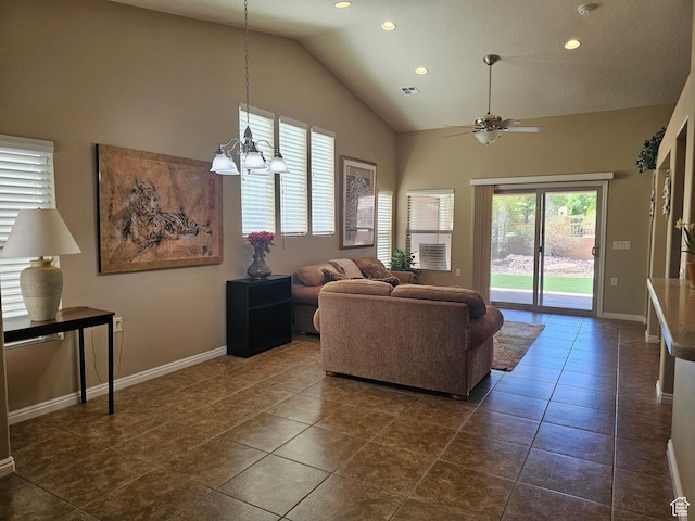 living area with high vaulted ceiling, ceiling fan with notable chandelier, baseboards, visible vents, and recessed lighting