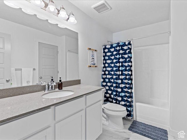 bathroom with marble finish floor, visible vents, toilet, vanity, and shower / tub combo