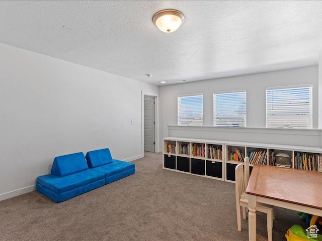 game room with baseboards, a textured ceiling, and carpet