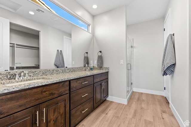 315 W Camino Borde, Washington, UT 84780 - full bath featuring a sink, a stall shower, visible vents, baseboards, and wood finished floors