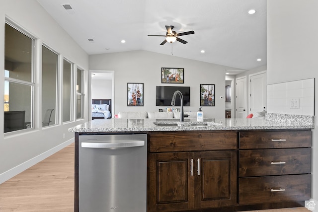 315 W Camino Borde, Washington, UT 84780 - kitchen featuring visible vents, dark brown cabinetry, a ceiling fan, light stone countertops, and dishwasher