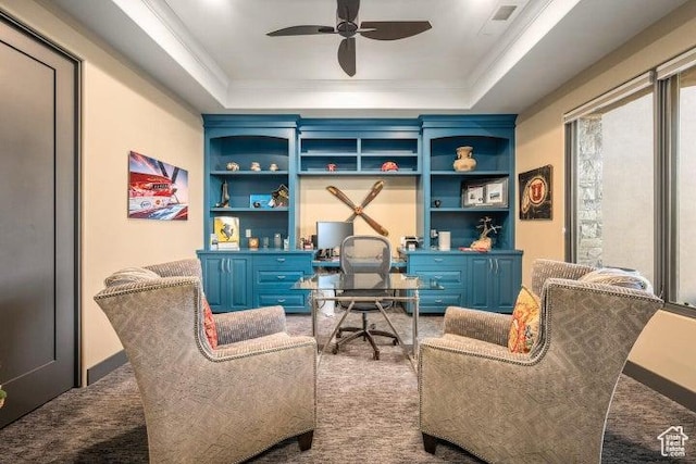 3052 N Snow Canyon Pkwy Unit 67, St George, UT 84770 - sitting room featuring a tray ceiling, a ceiling fan, carpet floors, crown molding, and built in features