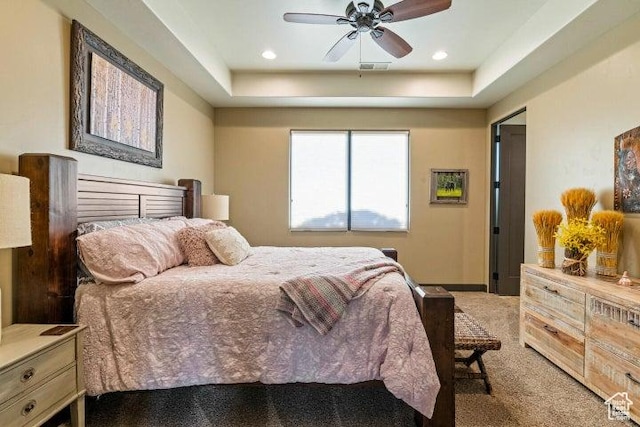 3052 N Snow Canyon Pkwy Unit 67, St George, UT 84770 - bedroom with a ceiling fan, light carpet, a tray ceiling, visible vents, and recessed lighting