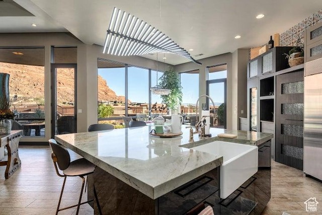 3052 N Snow Canyon Pkwy Unit 67, St George, UT 84770 - kitchen with hardwood / wood-style flooring, a sink, recessed lighting, and light stone counters