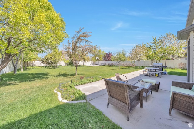 view of yard with a fenced backyard, a patio, and an outdoor living space