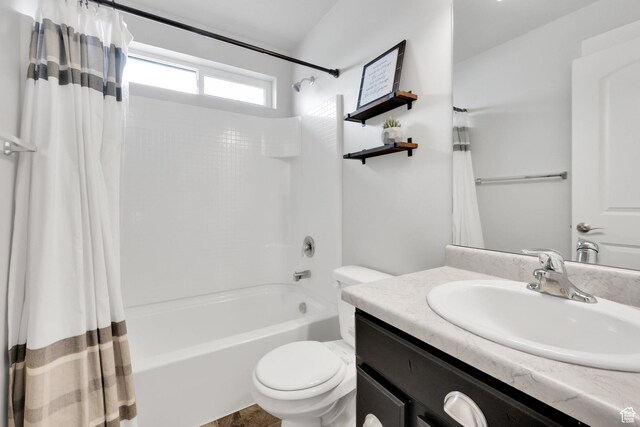 614 S Woodruff Way, Grantsville, UT 84029 - bathroom featuring toilet, vanity, and shower / tub combo with curtain