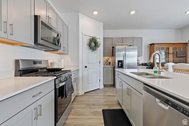 kitchen with a sink, light wood-type flooring, gray cabinetry, light countertops, and appliances with stainless steel finishes