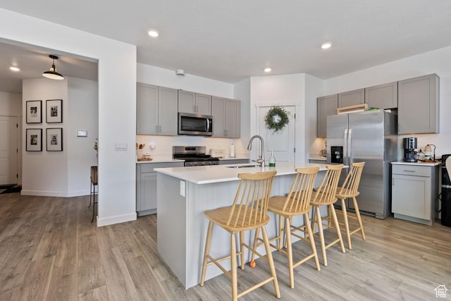 kitchen with a sink, an island with sink, light wood-style flooring, appliances with stainless steel finishes, and gray cabinetry