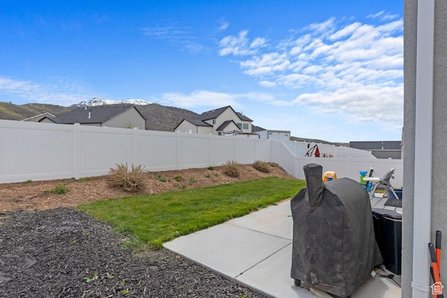 view of yard with a fenced backyard and a patio
