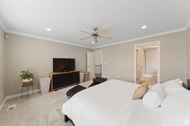 bedroom featuring baseboards, visible vents, recessed lighting, and ornamental molding