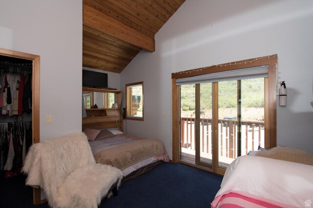 3090 N Rocky Rd E, Kamas, UT 84036 - bedroom with high vaulted ceiling, carpet, wooden ceiling, access to outside, and beam ceiling