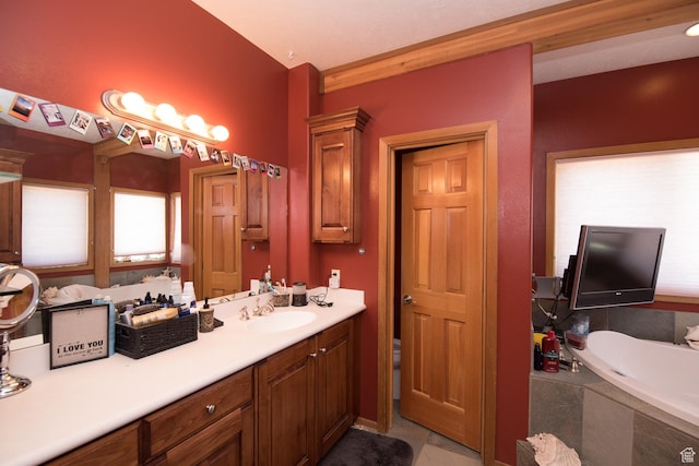 3090 N Rocky Rd E, Kamas, UT 84036 - bathroom featuring a garden tub, tile patterned flooring, and vanity