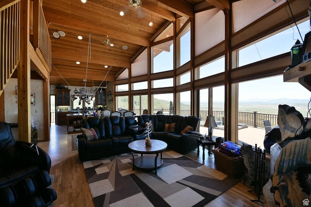 3090 N Rocky Rd E, Kamas, UT 84036 - living area with beam ceiling, wood finished floors, high vaulted ceiling, and a water view