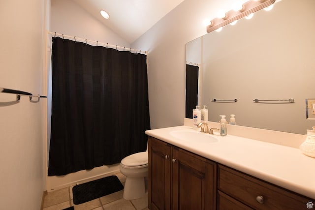 3090 N Rocky Rd E, Kamas, UT 84036 - full bathroom with tile patterned floors, vanity, toilet, lofted ceiling, and shower / bath combo with shower curtain
