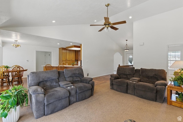 150 S Haulage Rd, Eureka, UT 84628 - living area with a ceiling fan, high vaulted ceiling, recessed lighting, and arched walkways