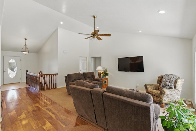 150 S Haulage Rd, Eureka, UT 84628 - living room with recessed lighting, wood finished floors, a ceiling fan, and high vaulted ceiling