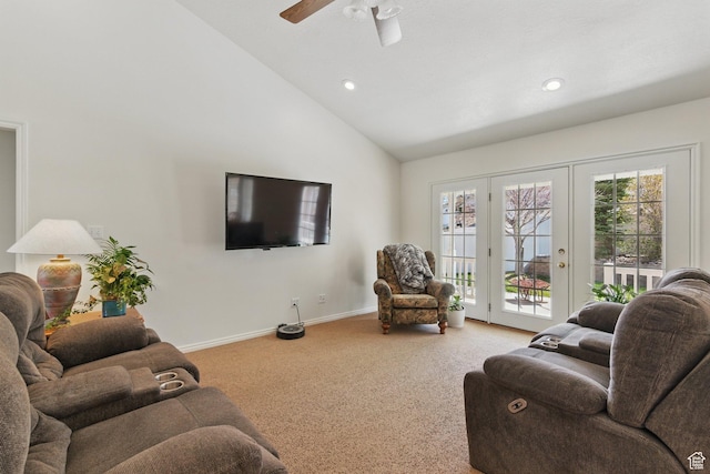 150 S Haulage Rd, Eureka, UT 84628 - carpeted living room with baseboards, recessed lighting, french doors, a ceiling fan, and high vaulted ceiling