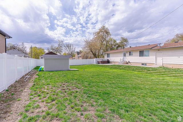 326 E 200 S, Logan, UT 84321 - view of yard featuring an outdoor structure, a storage shed, a fenced backyard, and a patio area