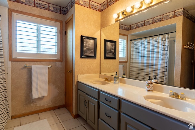 2548 E Cobblestone Way, Sandy, UT 84093 - full bath with plenty of natural light, tile patterned floors, double vanity, and a shower with shower curtain