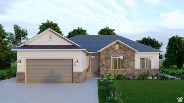 ranch-style house featuring a front yard, driveway, stone siding, and an attached garage