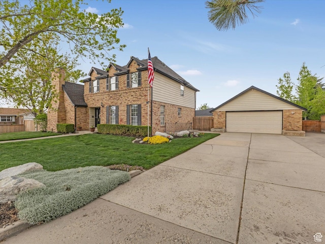 3131 E Alta Hills Dr S, Cottonwood Heights, UT 84093 - traditional-style house featuring a chimney, a front yard, a garage, brick siding, and fence