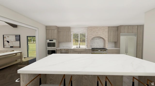 3131 E Alta Hills Dr S, Cottonwood Heights, UT 84093 - kitchen with high end appliances, a kitchen island, light countertops, tasteful backsplash, and a sink
