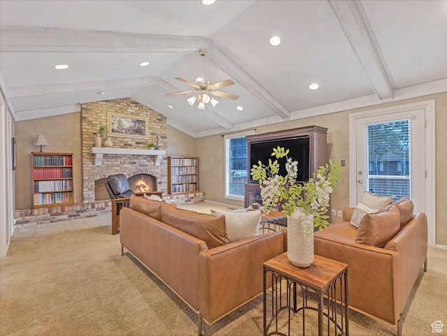 3131 E Alta Hills Dr S, Cottonwood Heights, UT 84093 - living room with a brick fireplace, vaulted ceiling with beams, recessed lighting, light colored carpet, and a ceiling fan