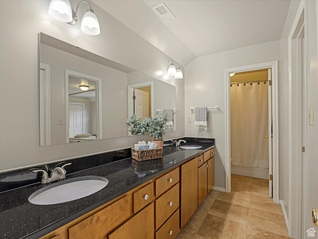 3131 E Alta Hills Dr S, Cottonwood Heights, UT 84093 - bathroom with double vanity, visible vents, curtained shower, and a sink