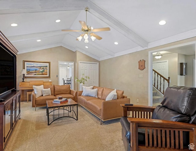 3131 E Alta Hills Dr S, Cottonwood Heights, UT 84093 - living area with ceiling fan, stairs, lofted ceiling with beams, light carpet, and recessed lighting