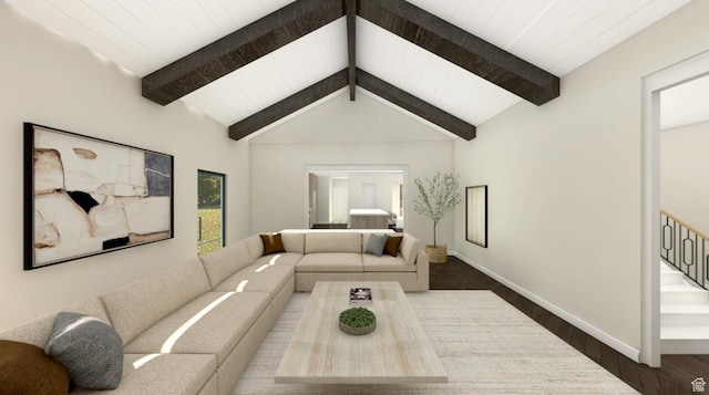 3131 E Alta Hills Dr S, Cottonwood Heights, UT 84093 - living room featuring baseboards, lofted ceiling with beams, and wood finished floors