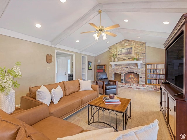 3131 E Alta Hills Dr S, Cottonwood Heights, UT 84093 - living room with vaulted ceiling with beams, recessed lighting, a brick fireplace, and ceiling fan