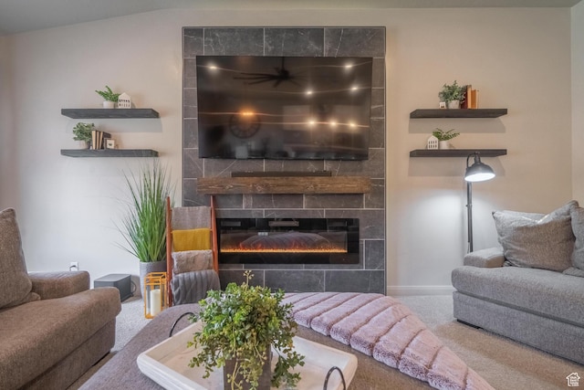 658 N Sage Crest Dr, Washington, UT 84780 - carpeted living room featuring baseboards and a tile fireplace