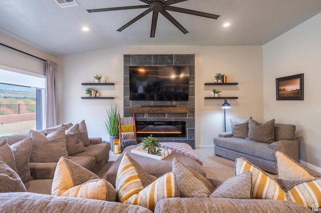 658 N Sage Crest Dr, Washington, UT 84780 - living room featuring recessed lighting, ceiling fan, carpet flooring, a glass covered fireplace, and baseboards