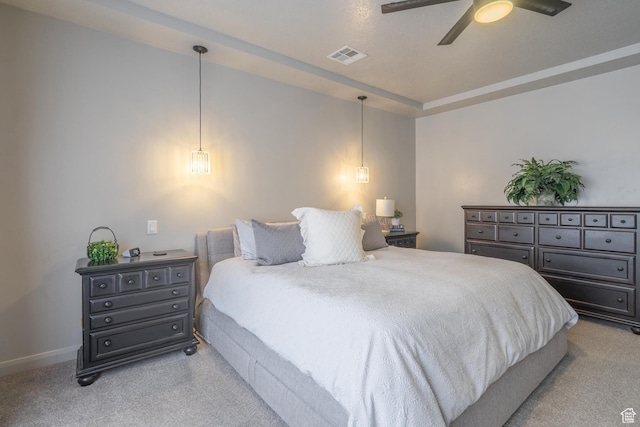 658 N Sage Crest Dr, Washington, UT 84780 - bedroom with light colored carpet, visible vents, ceiling fan, and baseboards