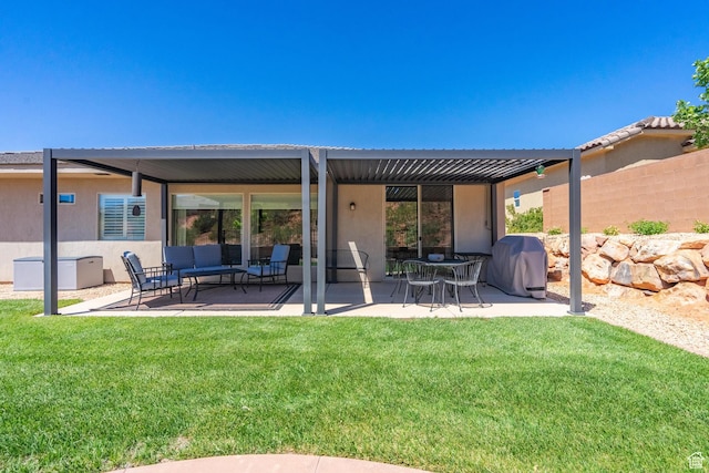 658 N Sage Crest Dr, Washington, UT 84780 - rear view of house featuring a patio area, a lawn, an outdoor hangout area, stucco siding, and fence