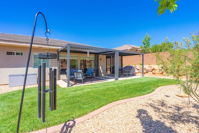 658 N Sage Crest Dr, Washington, UT 84780 - rear view of house featuring fence, stucco siding, a yard, and a patio area
