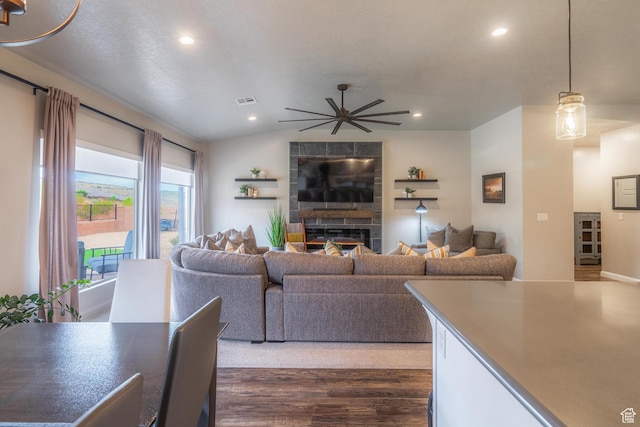 658 N Sage Crest Dr, Washington, UT 84780 - living room featuring a ceiling fan, visible vents, recessed lighting, and dark wood finished floors