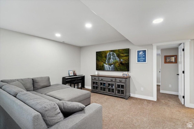 living room with recessed lighting, carpet floors, and baseboards