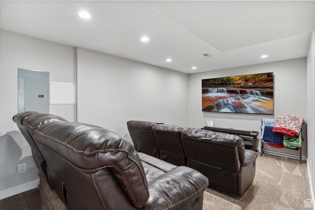 cinema room with recessed lighting, carpet flooring, electric panel, and baseboards