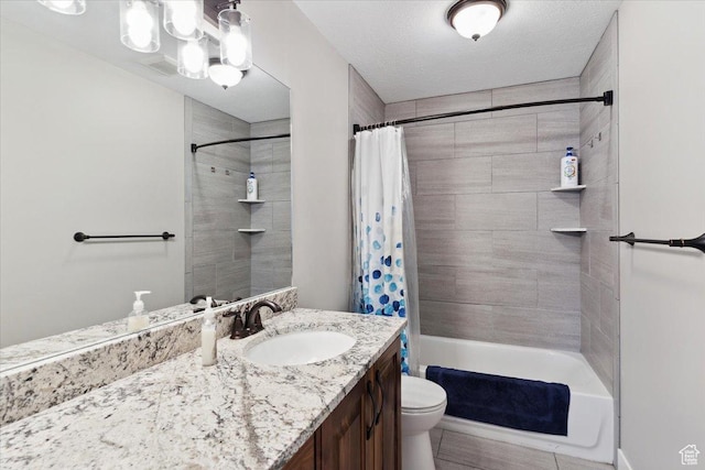 full bath featuring shower / bathtub combination with curtain, vanity, and toilet