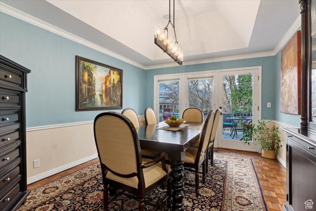4972 S Boabab Crk, Holladay, UT 84117 - dining room with french doors, crown molding, a tray ceiling, and baseboards