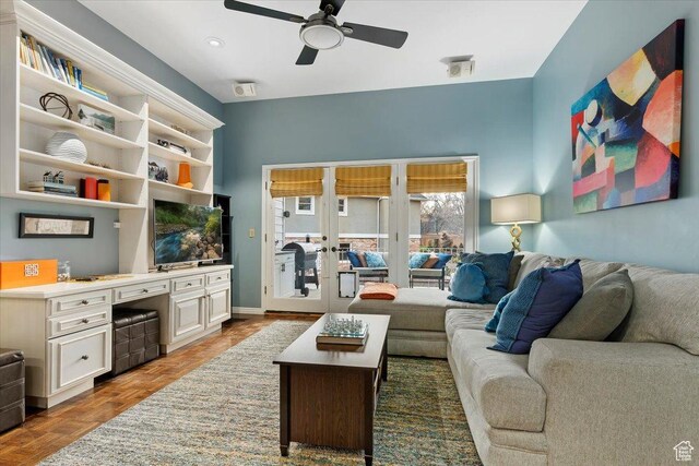 4972 S Boabab Crk, Holladay, UT 84117 - living area with french doors, a ceiling fan, built in desk, and baseboards