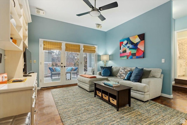 4972 S Boabab Crk, Holladay, UT 84117 - living room featuring wood finished floors, french doors, ceiling fan, and baseboards