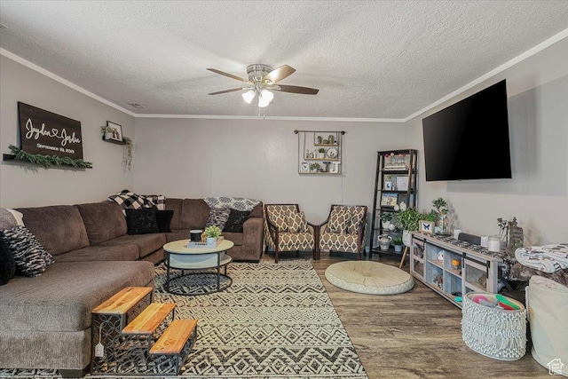 4799 S 3950 W, Roy, UT 84067 - living area with a textured ceiling, wood finished floors, a ceiling fan, and ornamental molding
