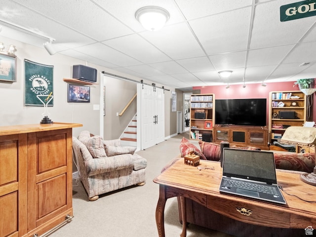 3677 N Willowbrook Ln, Eden, UT 84310 - living room with stairway, a paneled ceiling, and carpet