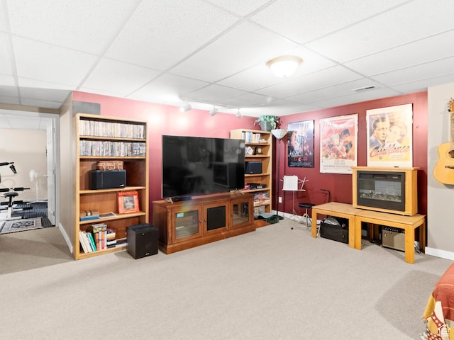 3677 N Willowbrook Ln, Eden, UT 84310 - living area with visible vents, baseboards, carpet floors, a drop ceiling, and rail lighting